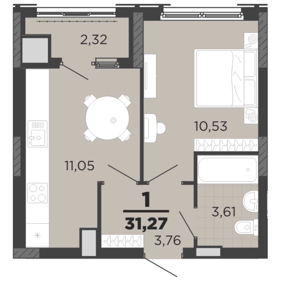 Однокомнатная квартира 31,27 м2 по доступной стоимости